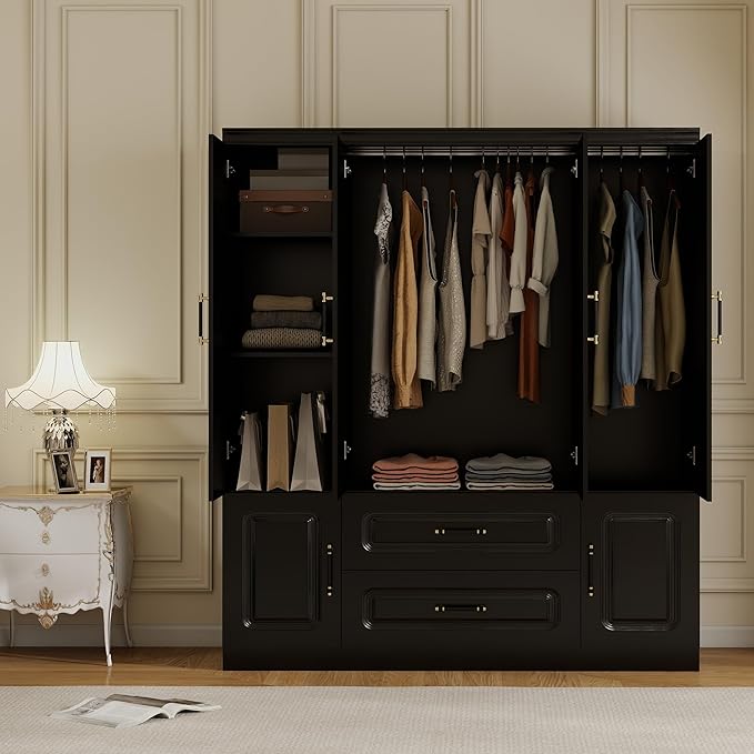 Armoire Wardrobe Closet with 4 Doors, Tall Wooden Armoire Wardrobe Closet with 2 Drawers and 2 Hanging Rods, Armoires and Wardrobes, Clothes Storage Organization for Bedroom Black