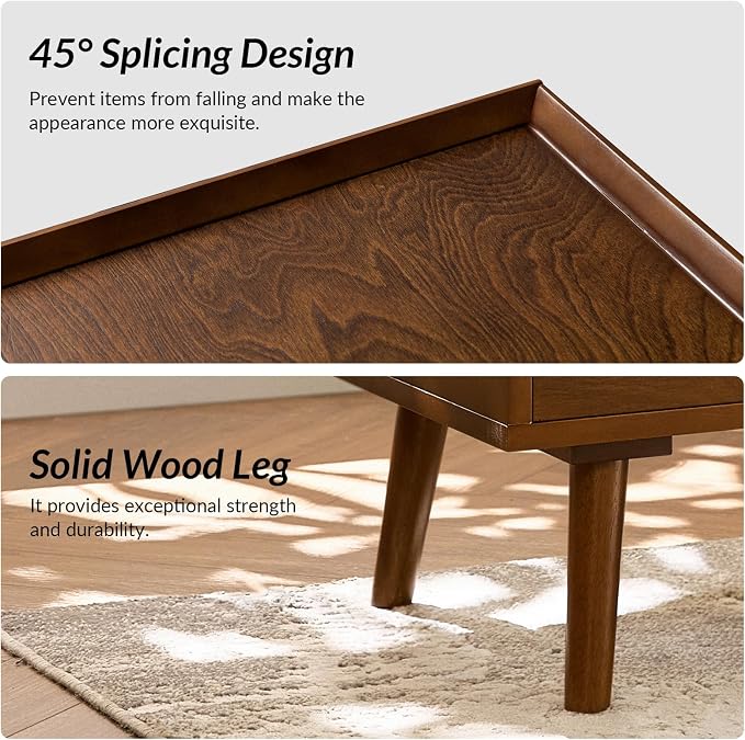 HULALA HOME 2 Drawer End Table with Pull-Out Shelf, Mid-Century Modern End Tables with Wood Legs, Wood Side Table with Charging Station(Walnut) - Image 5