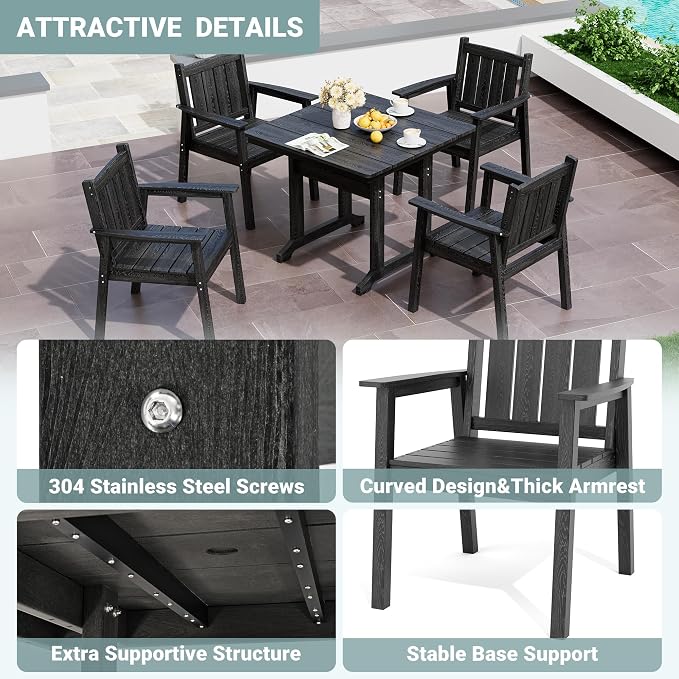 Pamapic 5 PCS Outdoor Dining Set, Spacious HDPE Outdoor Table and Chairs, Wood Grain Patio Furniture Sets with Elegant Armrest, All-Weather Patio Dining Table with Umbrella Hole, Black - Image 7