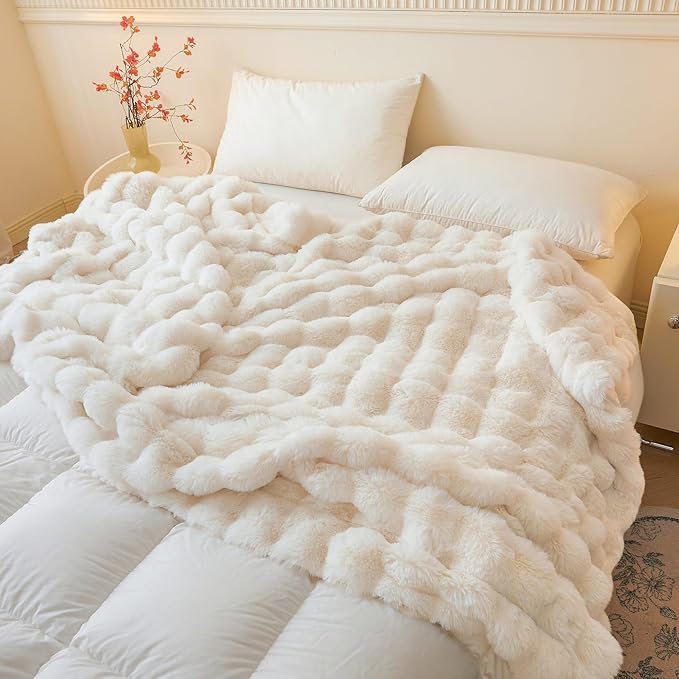 LIFEREVO Luxury Fluffy Faux Rabbit Fur Blanket, Plush Fuzzy Bubble Throw for Couch Sofa, Ivory Comfy Furry Bed Blanket Home Decoration, Aesthetic Shaggy Throw for Bedroom Living Room, 60x90, Beige