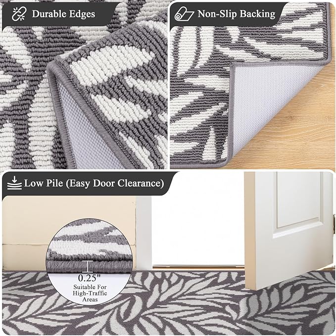 Ileading Indoor Door Mat 32"x48" Absorbent Dog Muddy Paws Mat Low-Profile Entrance Leaves Runner Rug with Non-Slip Rubber Backing Machine Washable Inside Welcome Mat for Hallway,Kitchen(Grey) - Image 3