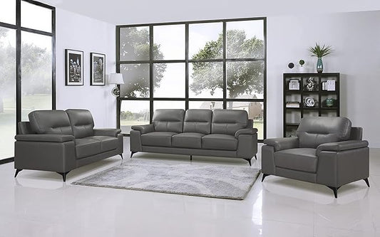 Lexicon Danica Top Grain Leather 3-Piece Living Room Sofa Set, Dark Gray