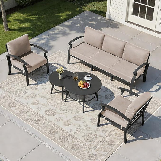 Aluminum Outdoor Patio Furniture Set,5 Seats Patio Conversation Sets with 2 Round Coffee Tables,Metal Patio Sectional Furniture Set with 5.1" Thickened Cushions,Sand