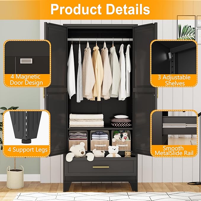 Ckzbx 71" H Metal Armoire Wardrobe Closet with Drawer, Adjustable Shelf, Clothes Drying Pole, Clothes Storage Closet for Bedroom (Black)