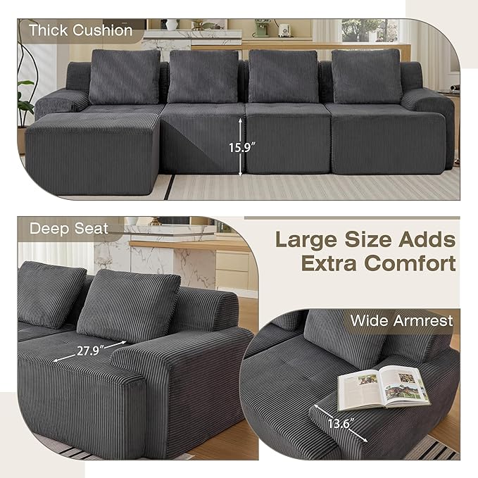 Modular Sectional Sofa, Boneless Couches for Living Room, Corduroy Couch, Big Comfy Couch, Modular Cloud Sofa with Deep Seat (Grey, 5 Pieces-L Shape)