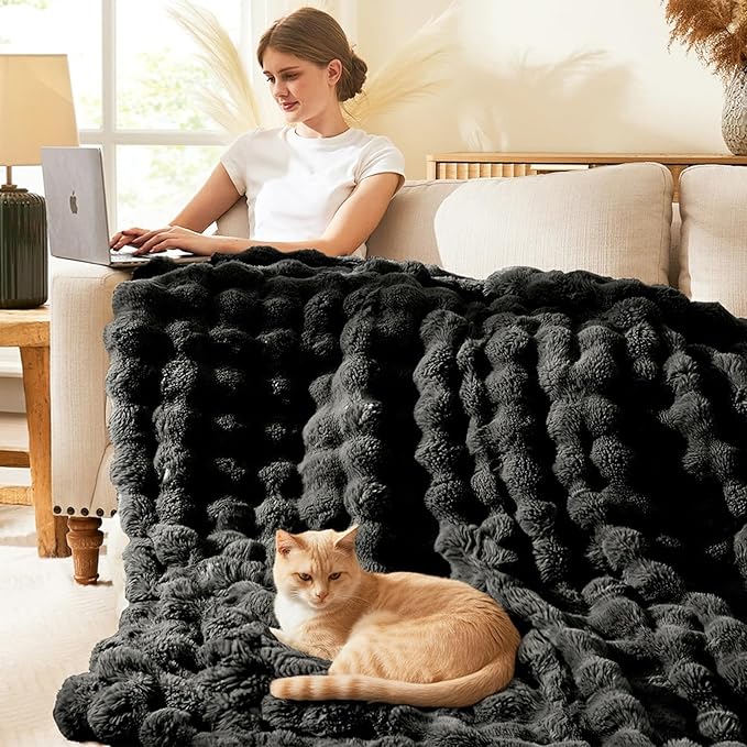 L'AGRATY Faux Rabbit Fur Blanket: 50" x 60" Luxury Soft Fluffy Thick Fur Throw Blanket for Couch Bed Sofa - Cozy Plush Bubble Blankets for Winter: Warm Flannel Fleece Decorative Blanket(Black)