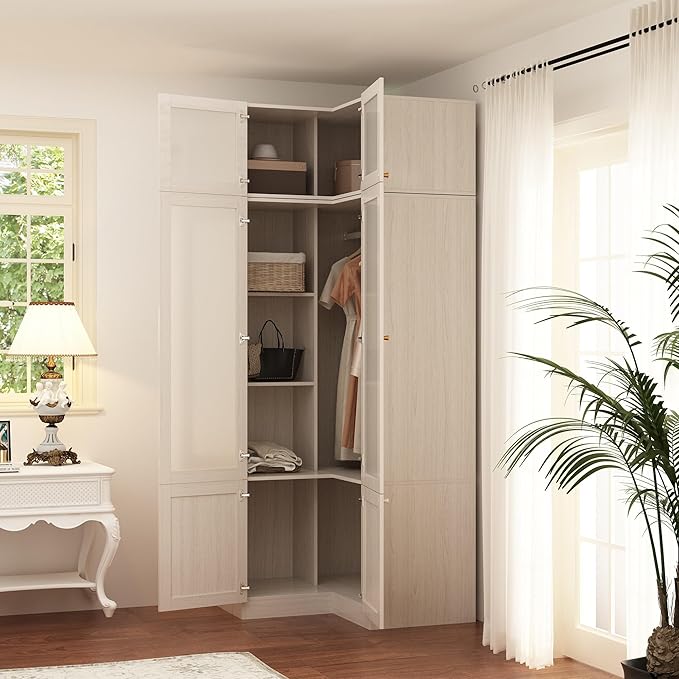 Homsee L-Shape Armoire Wardrobe Closet with Frosted Glass Doors, Hanging Bar & Shelves, Wooden Closet Storage Cabinet with Top Cabinet for Bedroom, Warm Grey (35.4”L x 35.4”W x 86.6”H)