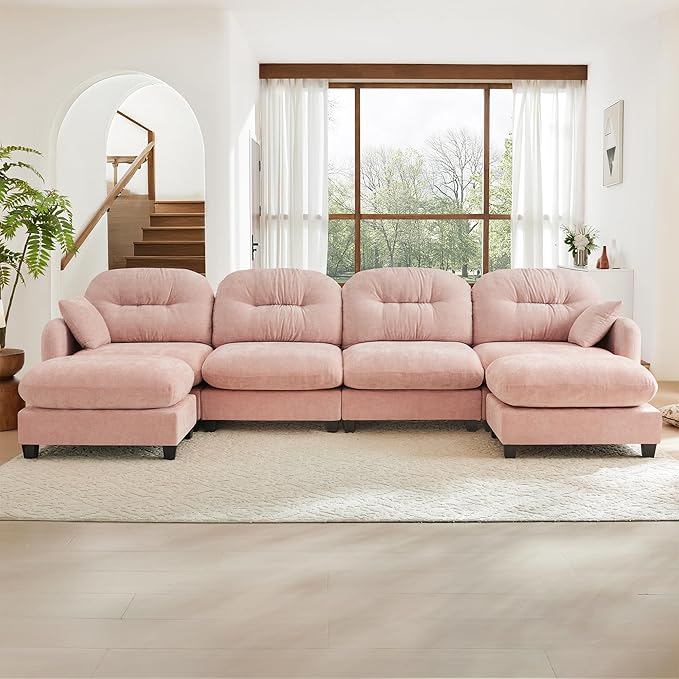 KEIKI 140" U-Shaped Oversized Chenille Modular Sectional Sofa with 2 Ottoman, High-Density Foam Cushions, Tufted Pleated Cushion Backrest, Modern 4-Seater Couch with 2 Pillow, for Living Room, Pink