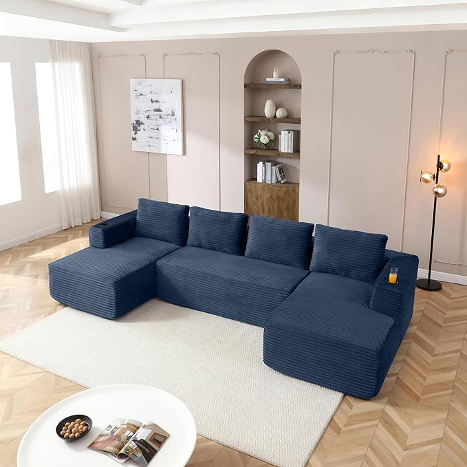 132-Inch U-Shaped Cloud Sectional Couch, Symmetrical Modular Compressed Boneless Sectional Sofa with Chaise Lounges, Plush Corduroy Boneless Corner Sofa W/Cupholders