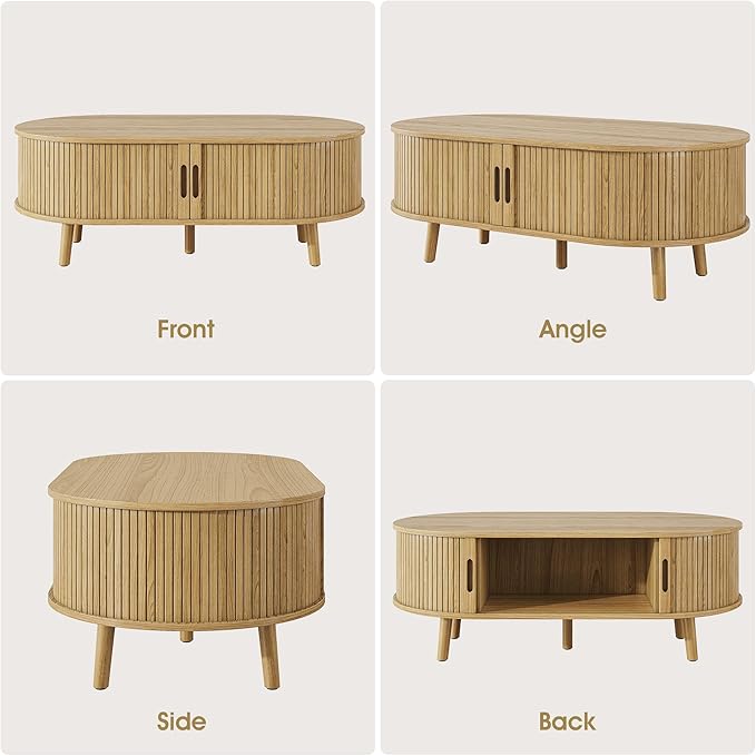 Alohappy Oval Coffee Table, Mid Century Modern Coffee Table with Sliding Tambour Door, Fluted Center Table with Hidden Storage, Curved Profile Dining Table for Living Room, Home Office,Natural Oak