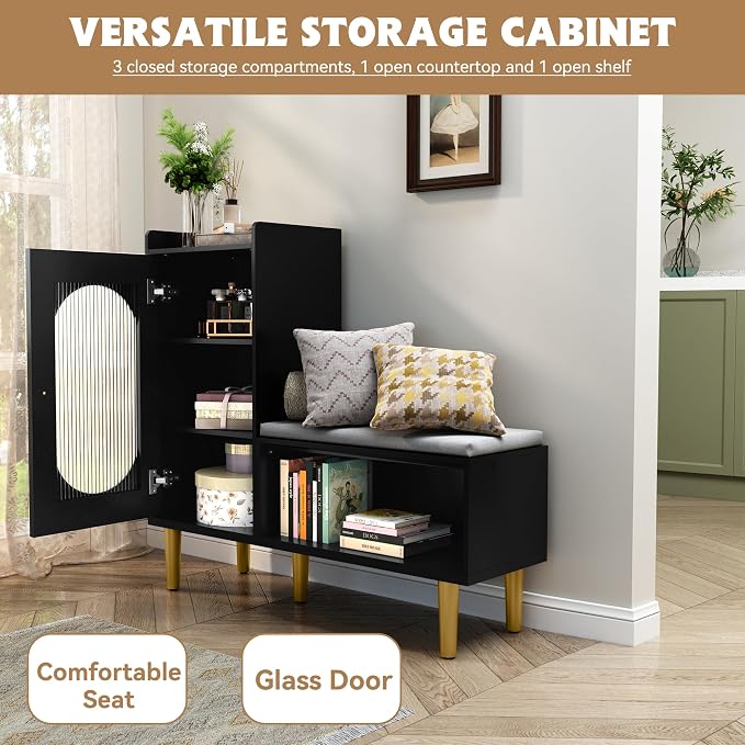 HLR Storage Bench with Glass Door&Shelf, Modern Entryway Shoe Cabinet Bench with Padded Seat, L-Shaped Storage Cabinet for Hallway, Bedroom, Living Room, Office, Black - Image 3