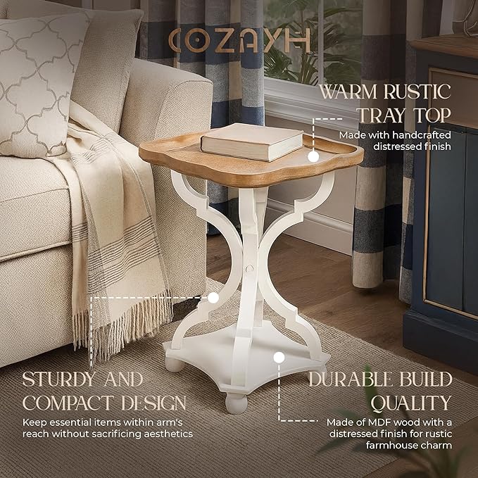 COZAYH Farmhouse Cottagecore End Table, Rustic Wood Tray Top Square Accent Table with White Curved Legs for Family Room, Living Room, or Small Spaces