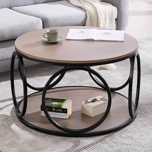 BECHAEO 31.5" Round Coffee Table with Storage - 2 Tier Vintage Coffee Table for Living Room, Industrial Design Wood Top & Metal Legs, Modern Accent Cocktail Tables for Home Office