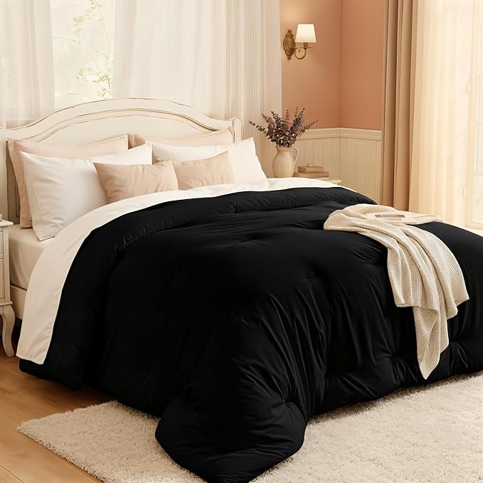 Comforters Twin Size, All Season Quilted Bed Comforter, Ultra-Soft Down Alternative Duvet Insert with 4 Tabs, Lightweight Bedding Blanket - Machine Washable, Black