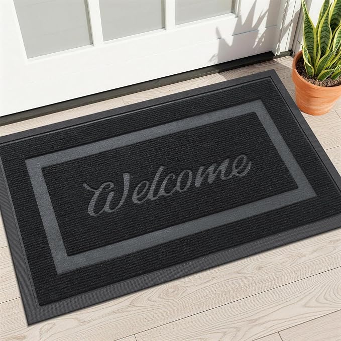 OLANLY Welcome Front Door Mat Indoor Outdoor Entrance, Waterproof All-Season, All-Weather Doormat, Sturdy Natural Rubber, Low Profile, Easy Clean Patio Porch Entryway Mat, 29.5x17, Black by OLANLY