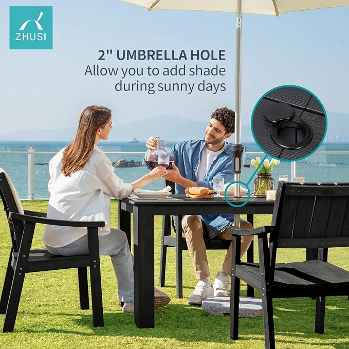 ZHUSI Patio Table and Chairs Set, Outdoor Table and Chairs,HDPE Outdoor Dining Set with Umbrella Hole for Backyard, Poolside, Porch (Black, 5 PCS) - Image 4