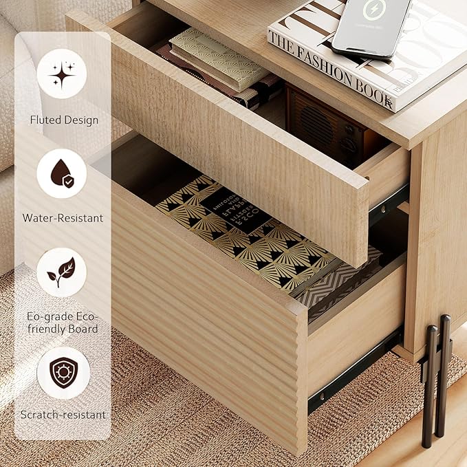 WAMPAT 3 Pieces Bedroom Set, Fluted Storage Cabinet and Set of 2 Night Stands with Charging Station for Bedroom, Wood Dresser and Nightstand Set of 2, Wide Storage Organizer Cabinet for Bedroom, Beige