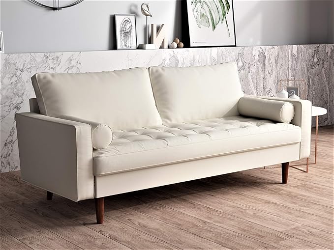 Womble Mid Century Modern Couch with Bolster Pillows, PU Leather Upholstered Tufted Seat, Versatile Retro Design for Comfortable Living Spaces, Loveseat, Sofa, Sleek White
