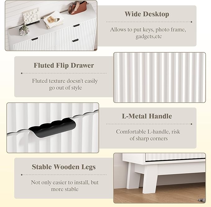 HUANLEGO Shoe Cabinet Storage for Entryway with 6 Flip Drawers, Fluted Narrow Shoe Organizer with Wooden Legs, Freestanding Slim Shoe Storage Hidden Shoe Rack Organizer for Front Door Entrance, White - Image 5