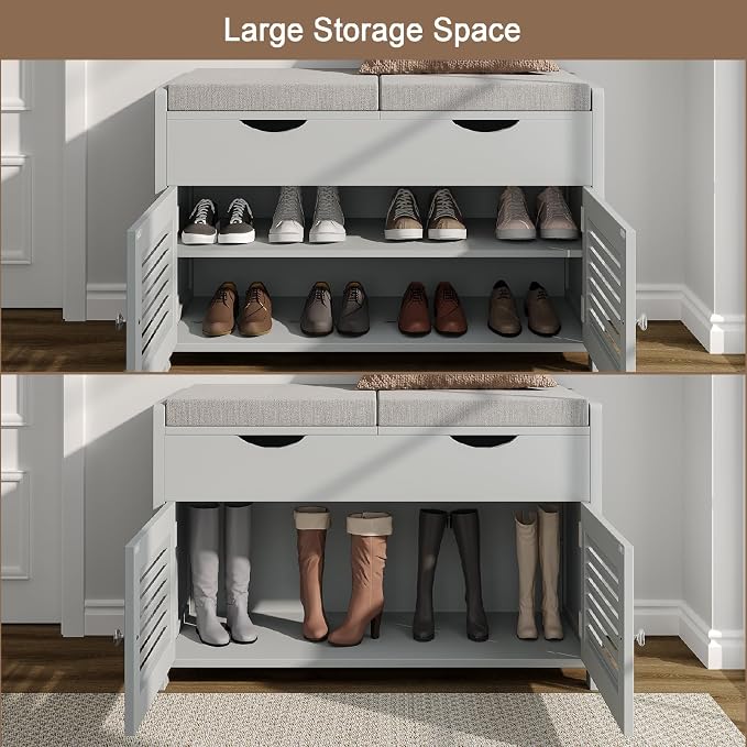 ChooChoo Shoe Storage Bench with Lift Top Storage, Entryway Bench with 2 Cushioned Seats, 3 Compartments, Adjustable Shelf, Shoe Cabinet for Entryway, Bedroom, Living Room, Grey - Image 3