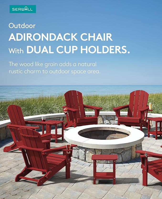 SERWALL Adirondack Chair with Cup Holders - Composite Adirondack Chairs HDPE Outdoor Chairs All Weather Use- Dark Red - Image 6