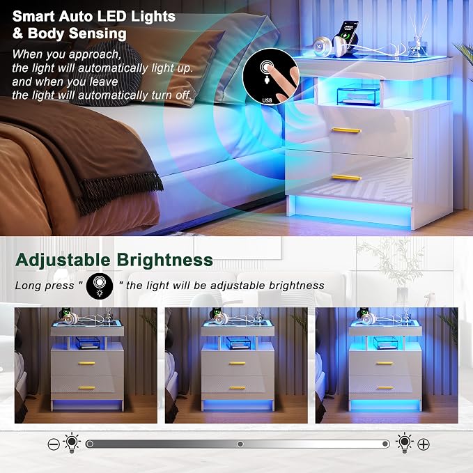 HNEBC Auto LED Nightstand Set of 2, White Night Stand with Charging Station & USB Ports, High Gloss Bedside Table has 2 Drawers,Modern End Side Table for Bedroom (White) - Image 5