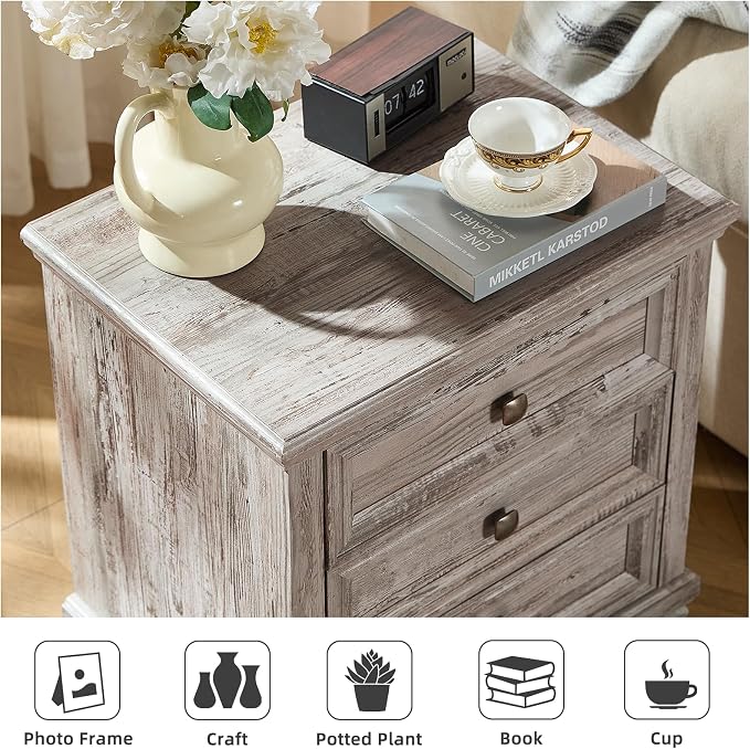 SAVOR LIFE Farmhouse Nightstand Set of 2, Rustic Accent End Table with 3 Drawers & 4 Square Solid Wood Legs, Vintage Bed Side Table with Storage, Small Dresser for Bedroom, Living Room, Grey - Image 4