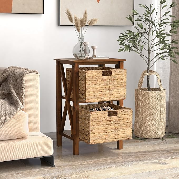 Giantex 2-Tier Nightstand with Wicker Baskets Set of 2, Wooden X-Design Side Table End Table, Beside Table with Acacia Wood Legs, Mid Century Accent Storage Cabinet for Small Spaces, Bedroom, Walnut - Image 4