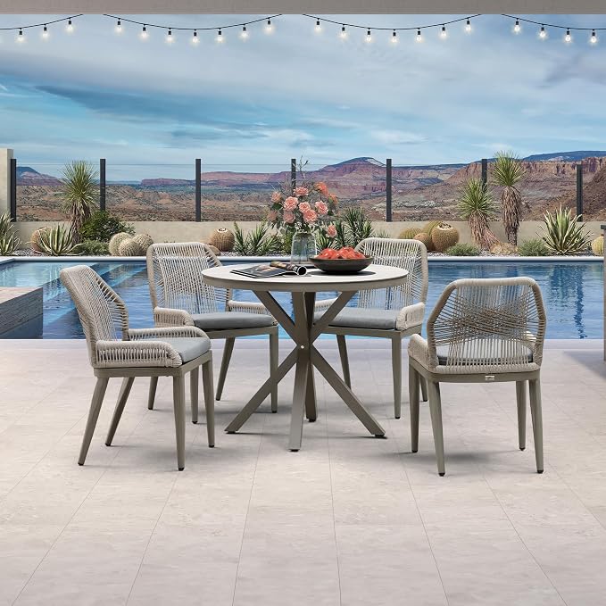 PURPLE LEAF 5 Pieces Round Dining Set Patio Aluminum Modern Round Table and Wicker Chairs with Cushions for Kitchen Porch Garden Outdoor Furniture Sets, Light Grey - Image 2
