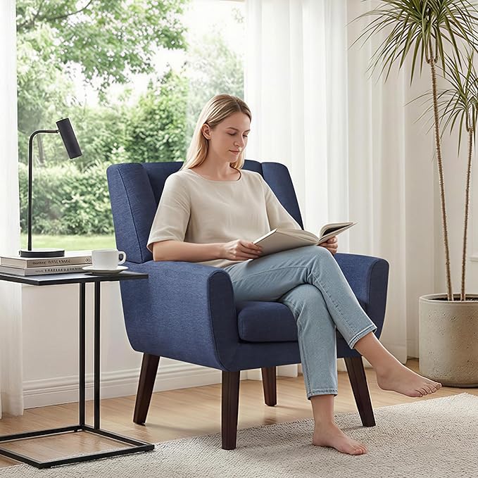 HUIMO Accent Chair Living Room Chair, Upholstered Button Tufted Armchair, Linen Fabric Sofa Chairs for Bedroom, Living Room, Mid Century Modern Comfy Reading Chair (Dark Blue)