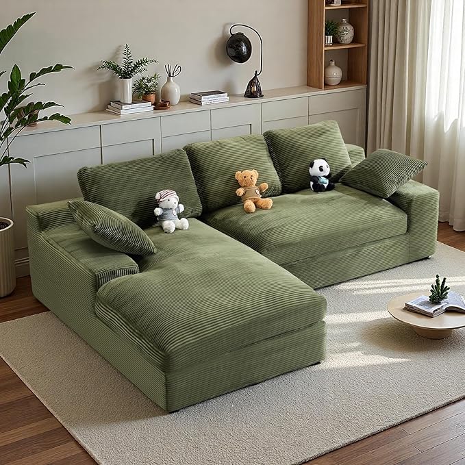 L Shaped 4 Seater Sofa, Modern Modular Sofa with 3 Back Cushions & 2 Coordinating Pillows, 98'' Corduroy Leisure Combination Couch with Wide Seat & High-Resilience Foam for Living Room, Green