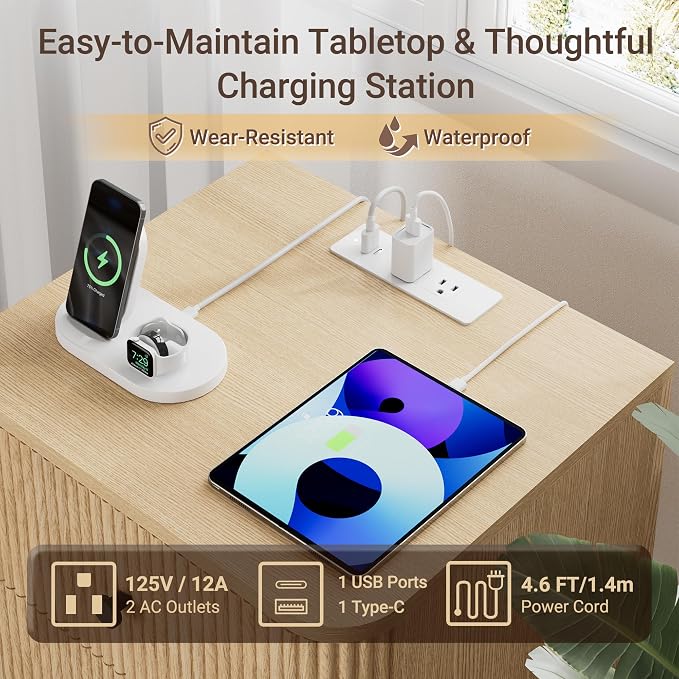 Fluted Nightstand, Modern Night Stand, 2 Drawers Nightstand with Charging Station, Wooden End Table Rounded Corners & Solid Wood Legs, Bedside Table for Bedroom Sofa Home Office,Natural Oak - Image 5
