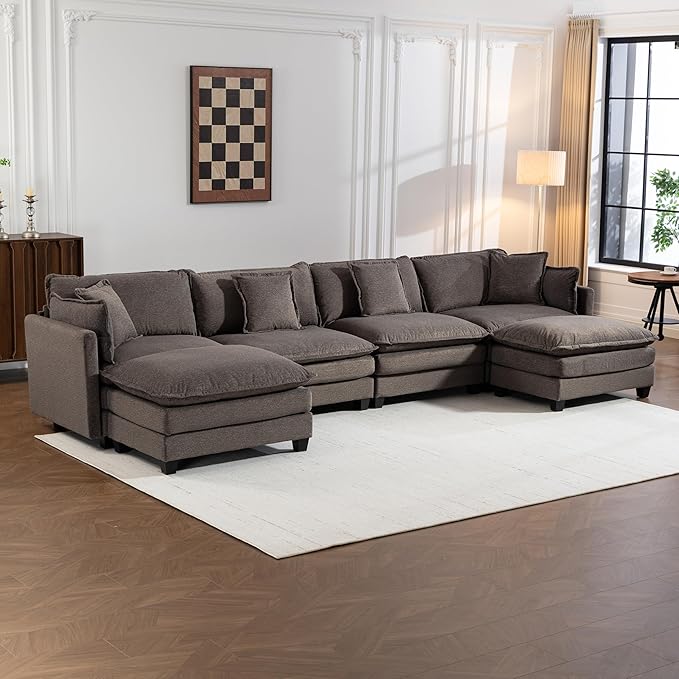 Eafurn 150" Oversized Modular Sectional Sofa with Movable Ottomans, 6 Seat Modern Corduroy Sofa Set, Convertible U/L Shaped Corner Couch for Living Room Apartment