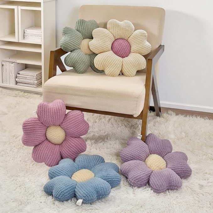 2 Pcs Pink Decorative Throw Pillows, 15'' Cute Daisy Flower Shaped Pillow Floor Seating Cushion for Bed Couch Bedroom Room Dorm Decor (Pink & Ivory)