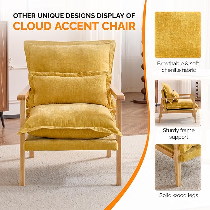 VINGLI Mid-Century Modern Cloud Accent Armchair with Lumbar Pillow, 6.3'' Thick Seat Cushion Comfortable Reading Chair with Wooden Armrests，Boho Lounge Chair for Bedroom, Living Room, Chenille, Yellow