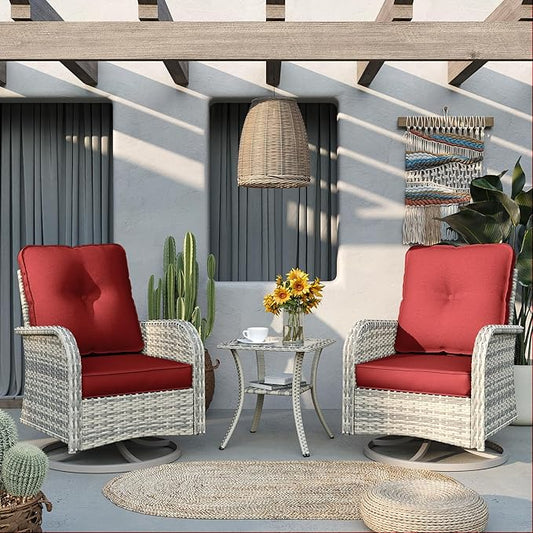 Patio Rocking Swivel Chair Outdoor Wicker Rattan Bistro Set with Tempered Glass Side Table, Outdoor Patio Furniture Set for Garden, Deck, and Balcony, Red