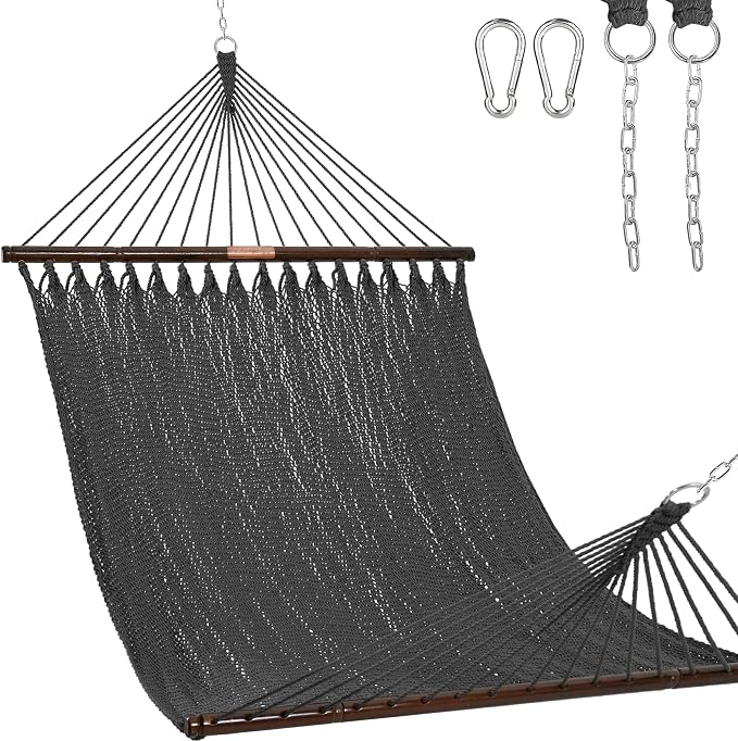 Lazy Daze Hammocks 10.5 FT Double 2 Person Caribbean Rope Hammock, Hand Woven Polyester Hammock with Spreader Bars, for Outside Outdoor Backyard Patio Poolside, 450 LBS Capacity, Gray by LazyDazeHammocks