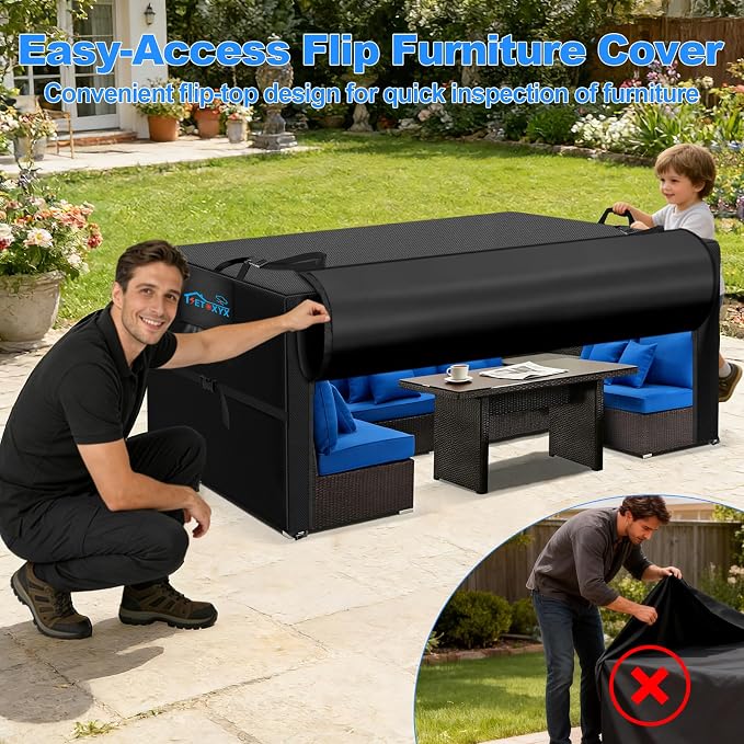 Outdoor Dining Table Cover, 600D Outdoor Furniture Set Covers, Waterproof Patio Table and Chair Set Cover with Flip-Open Zipper Design, Windproof Buckle Straps, 64" L x 38" W x 28.3" H - Image 2