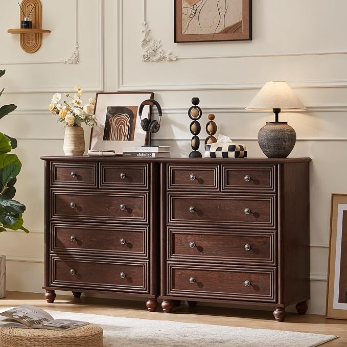 RWYHG Farmhouse 5 Drawer Dresser for Bedroom, 35.5" Walnut Tall Small Dressers & Chest of Drawers, Rustic Wood Dresser with Roman Column, Storage Organizer for Living Room, Hallway, Closet - Image 9