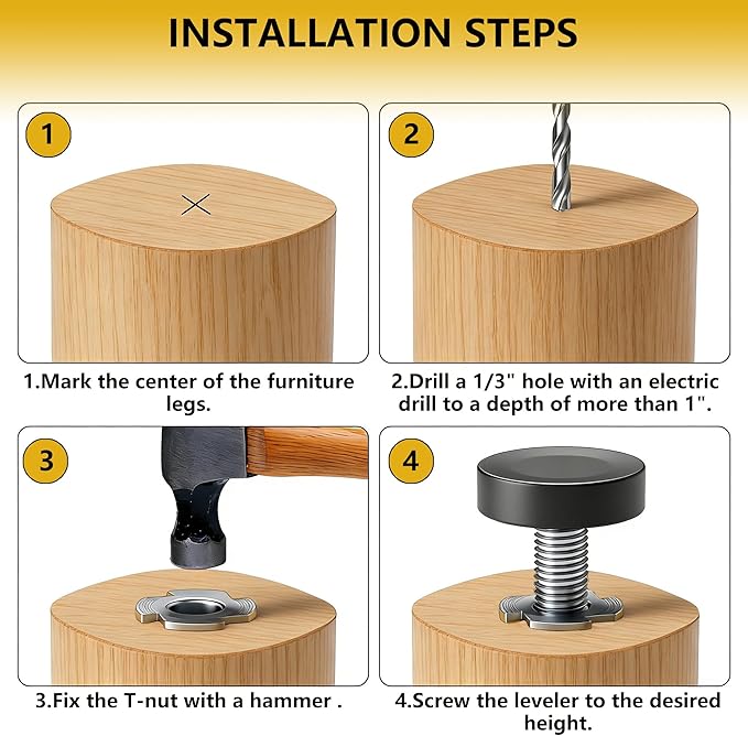 12 Pack 1/4"-20 UNC Furniture Leveling Feet, Adjustable Heavy Duty Leg Levelers for Tables, Chairs, Cabinets & Shelving Units - Screw-in Glides Replacement for Uneven Floors