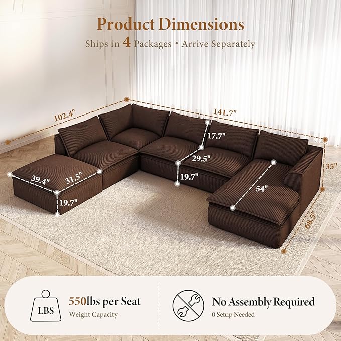 Vesgantti 141.7" Oversized Modular Sectional Sofa, Modern 7 Seater Boneless Couch with Chaise and Ottoman, Deep Seat Plush Corduroy Cloud Style for Living Room, No Assembly Required,Brown
