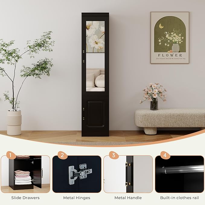 GraceGrove Armoire Wardrobe Closet Cabinet with with Mirror and Single Door, Wardrobe with Hanging Rod, Wood Closet Storage for Large Storage, Bedroom Armoires and Wardrobes Black