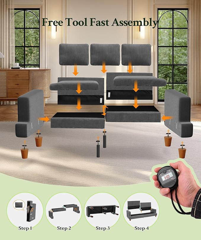 87.2" Couches for Living Room, Comfy Grey Couch 7.5" Extra Thick Cushion, Sofas for Living Room Tool-Free Setup, Loveseat Sofa 848lbs Support, Corduroy Couch for Bedroom, Apartment, Office