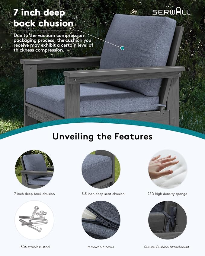 SERWALL HDPE Patio Sofa Set, 3-piece Sectional Outdoor Furniture Set, All Weather Outdoor Couch Set Patio Furniture Set for Deck, Lawn, Grey Frame with Grey Cushion
