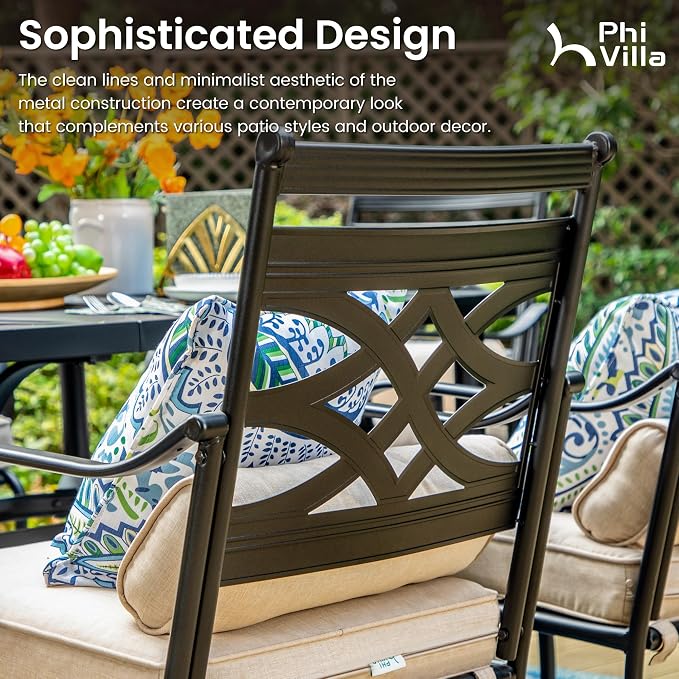 PHI VILLA Outdoor Patio Dining Set for 4 with 10ft 3-Layer Auto-tilt Round Umbrella(Beige),Includes 4 Outdoor Swivel Chairs with Cushions and a Metal Square Table, Perfect for Garden, Lawn, or Deck - Image 5