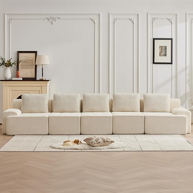 Modular Sectional Sofa with Movable Ottoman, 5 Seat Deep Seat Couch with 5 Pillows, Comfy Cloud Sectional Sofa for Living Room, Bedroom and Apartment (White, 1 Left+1 Right+3 Middle)