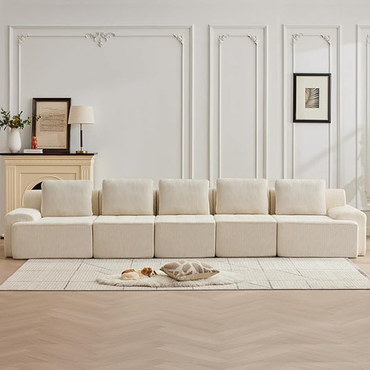 Modular Sectional Sofa with Movable Ottoman, 5 Seat Deep Seat Couch with 5 Pillows, Comfy Cloud Sectional Sofa for Living Room, Bedroom and Apartment (White, 1 Left+1 Right+3 Middle)