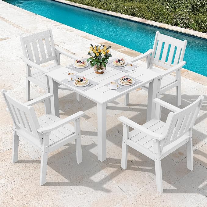 YEFU HIPS Patio Table Set: 5 Piece Outdoor Square Table and Chairs with Metal Aluminum Frame - White Modern Plastic Patio Dining Furniture Set 4 Person for Outside Deck by YEFU