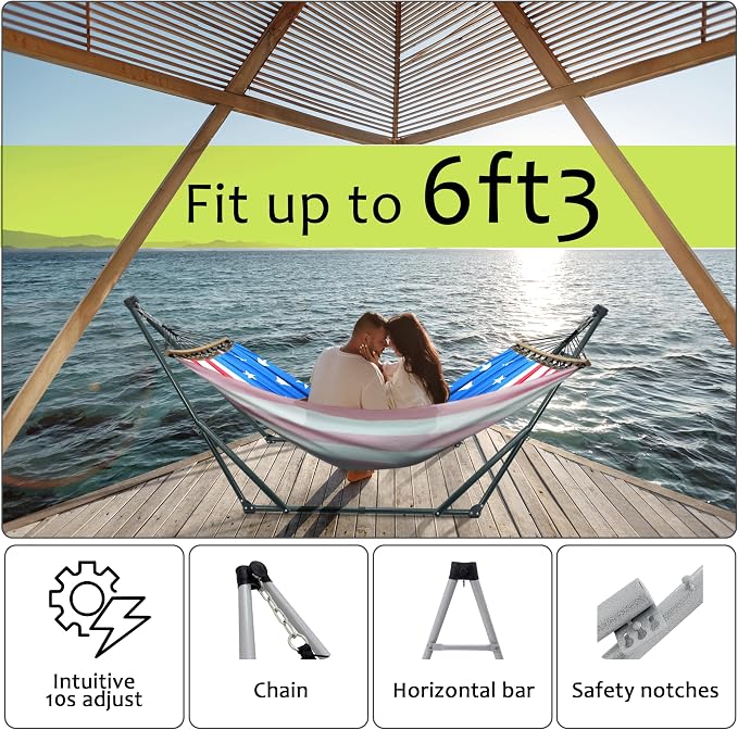 Tranquillo Sturdy Steel Hammock with Stand Premium Cotton Canvas Hammock, 600 lbs Capacity Hammock Stand Folding, Portable 30-Second Fold Unfold, for Camping, American Flag - Image 3