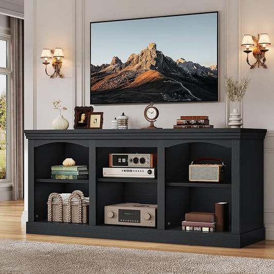 YITAHOME Farmhouse TV Stand with Cord Management for 75/80 Inch TV, Entertainment Center with Adjustable Shelf & Open Storage, 70" TV Console Table for Living Room (Black) by YITAHOME